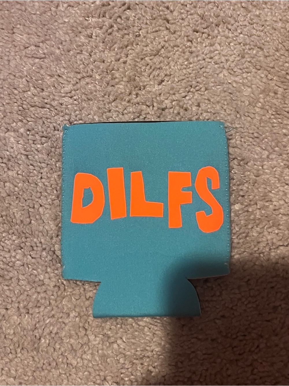 Handmade Blue Can Koozie with Bright Orange 'DILFS' Print